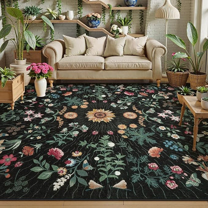 LIVEBOX Sunflower Botanical Washable 8x10 Area Rugs, Black Rug for Living Room, Non Slip Rugs for Bedroom, Boho Floral Indoor Throw Dining Room Carpet for Under Table Home Office Nursery Playroom