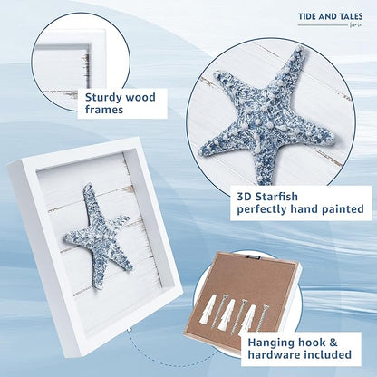 Tide and Tales 3D Starfish Wall Art (Framed Set of 3) Coastal Theme Wall Hanging Decoration for Bathroom or Tropical Bedroom, Ocean Inspired Seashell Decor for Home or Beach House (7"x 7")