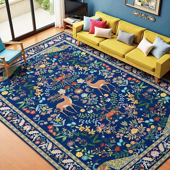 8x10 Blue Farmhouse Rugs for Living Room - Large Unique Washable Area Rug for Bedroom, Dining Room Under Table, Floral & Animal Design, Low Pile Soft Carpet