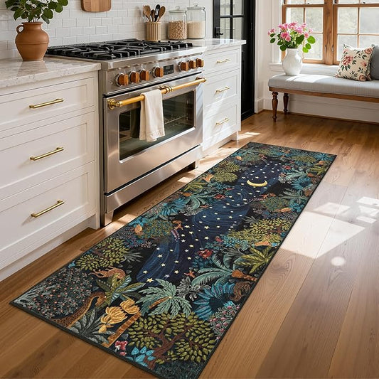 GarveeHome 2x6 Jungle Washable Runner Rug for Kitchen, Soft Animal Print Hallway Runner Non Slip Green Entryway Rug Farmhouse Laundry Mat Stain Resistant Carpet for Bedroom Bathroom