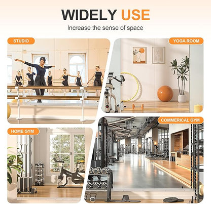 Hasipu Home Gym Mirror, 95"x40" Each, 1-Pack Frameless Wall Mounted Mirrors with Glass Clamps & 1 Aluminum Rail, Large Body Mirror for Home Gym, Yoga Studio, Bedroom, Silver Tempered Glass