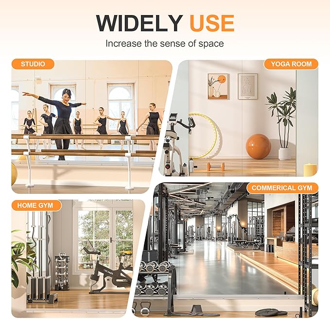 Hasipu Home Gym Mirror, 83"x40" Each, 1-Pack Frameless Wall Mounted Mirrors with Glass Clamps & 1 Aluminum Rail, Large Body Mirror for Home Gym, Yoga Studio, Bedroom, Silver Tempered Glass