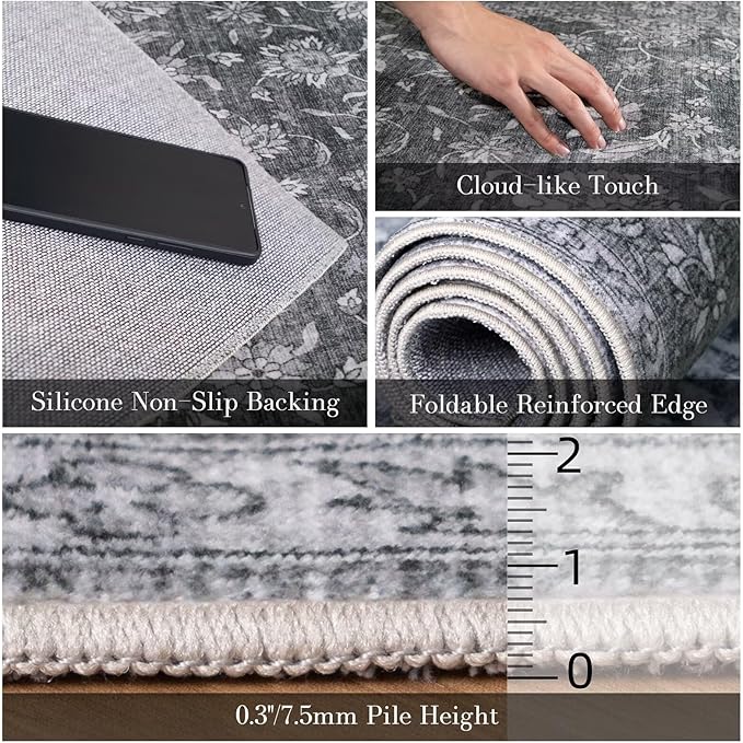 Washable 8x10 Area Rugs for Living Room, Boho Non-Slip Vintage Distress Large Rugs for Bedroom Dining Room Nursery Office, 0.3" Neutral Oriental Throw Thin Carpet, Grey/Multi, E3