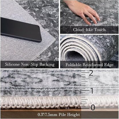 Washable 9x12 Area Rugs for Living Room, Boho Non-Slip Vintage Distress Lager Rugs for Bedroom Dining Room Nursery Office, 0.3" Neutral Oriental Throw Thin Carpet, Grey/Multi, E3