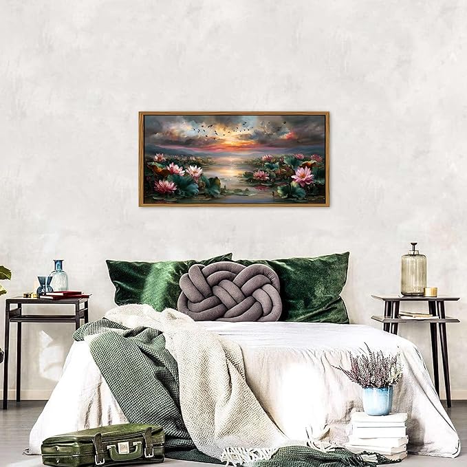 Lotus Flower Framed Wall Art for Living Room Emerald Green Plant Leaves Pink Flower Picture Zen Poster Vintage Poud Landscape Abstract Nature Scenery Artwork Bedroom Bathroom Home Decorations 20x40