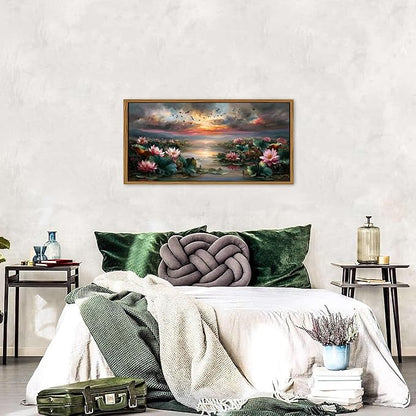 Lotus Flower Framed Wall Art for Living Room Emerald Green Plant Leaves Pink Flower Picture Zen Poster Vintage Poud Landscape Abstract Nature Scenery Artwork Bedroom Bathroom Home Decorations 20x40