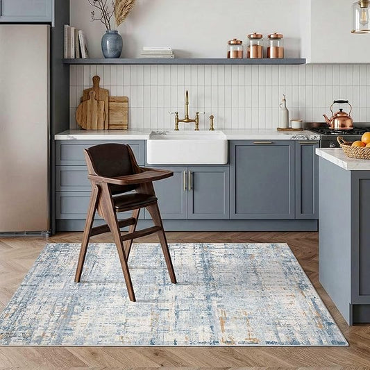 Rugxara 3x5 Washable Entryway Rug, Non Slip Boho Runner Rugs for Hallway, Entrance, Kitchen, Bathroom, Laundry Room, Soft Entryway Carpet, Throw Low Pile Retro Imitation Wool Carpet, Blue Beige