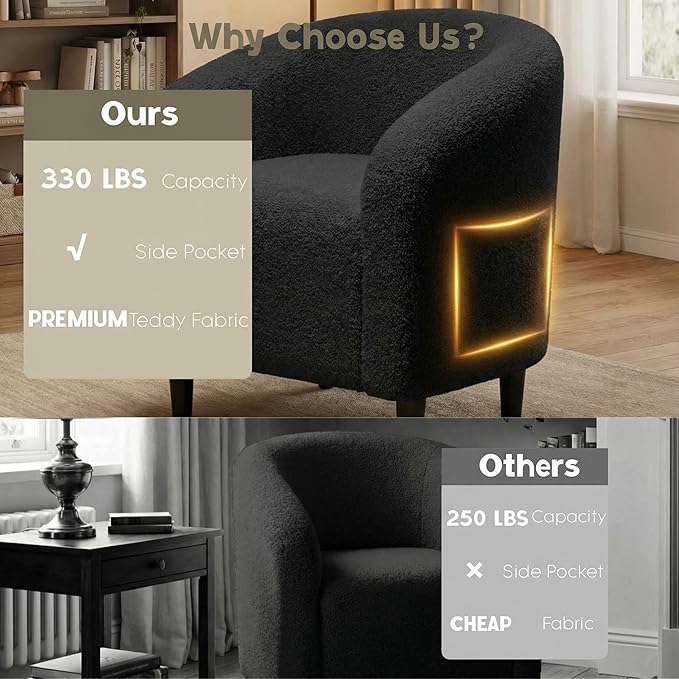 Modern Accent Barrel Chair, Comfy Teddy Fabric Club Armchair with Side Pocket, Easy Assembly Living Room Corner Chair for Bedroom, Office, Reception Space