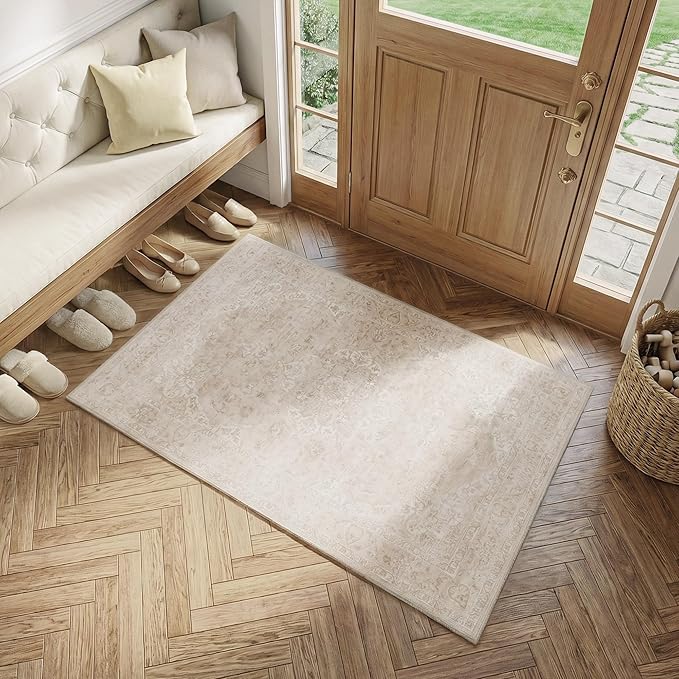 FMFUNCTEX Entryway Rug 2x3 Beige Washable Neutral Vintage Distressed Oriental Door Mat Non Slip Low Pile Indoor Carpet Soft Retro Small Throw Area Rugs for Entry Way Entrance Kitchen Bathroom Bedroom