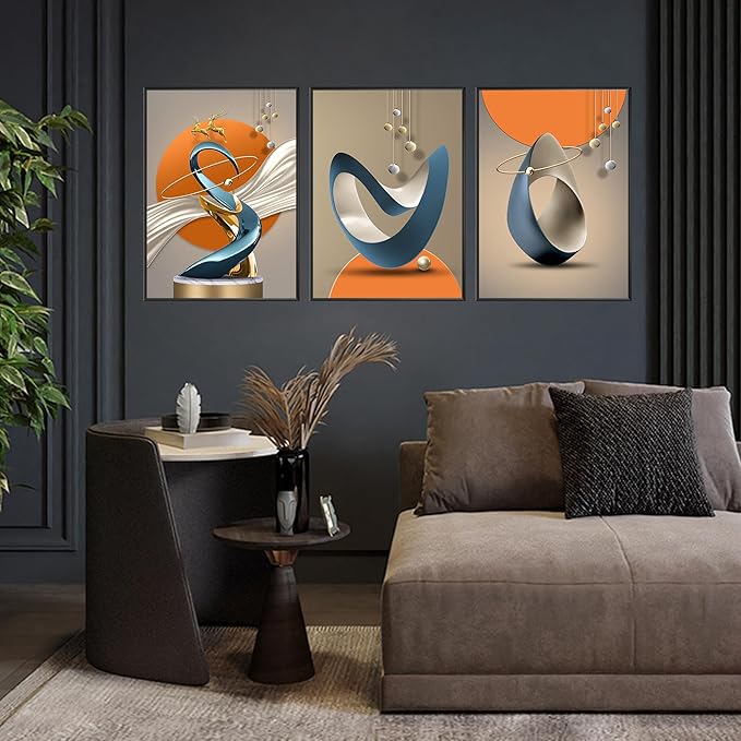 3 Pcs Modern Abstract Canvas Wall art Golden Deer Luxury Foil Lines Wall Decoration Pictures Paintings White Blue orange color Grey posters Prints for Living Room Bedroom Office Home Decoration