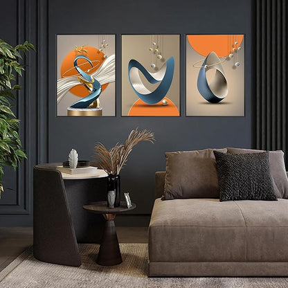 3 Pcs Modern Abstract Canvas Wall art Golden Deer Luxury Foil Lines Wall Decoration Pictures Paintings White Blue orange color Grey posters Prints for Living Room Bedroom Office Home Decoration