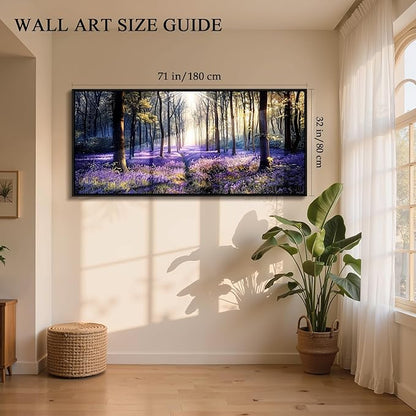 crmotu Extra Purple Landscap Wall Art, Lavender Flower Field Canvas Art Prints, Modern Nature Forest Scenery Framed Artwork for Living Room Bedroom Office Meeting Room, 32"x71"