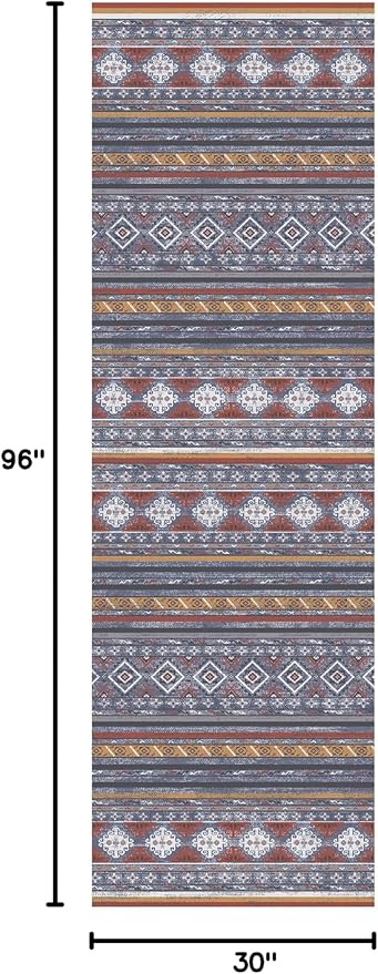 RUGSURE Washable Area Rugs 2'6'' x 8' - 1/6 Thick - Moroccan-Inspired -Stain & Water Resistant Non-Slip - Resistant Rug for Living Room, Bedroom, Nursery, Pet & Child Friendly (Blue and Red)
