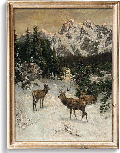 uniro Vintage Wall Art Prints - Vintage Christmas Print Winter Landscape Oil Painting, Rustic Deer Mountain Christmas Picture Wall Decor, Retro Muted Snowy Landscape Holiday Wall Decor, Xmas Decor for Bedroom Bathroom Living Room Christmas Holiday Deco...