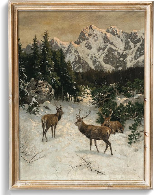 uniro Vintage Wall Art Prints - Vintage Christmas Print Winter Landscape Oil Painting, Rustic Deer Mountain Christmas Picture Wall Decor, Retro Muted Snowy Landscape Holiday Wall Decor, Xmas Decor for Bedroom Bathroom Living Room Christmas Holiday Deco...
