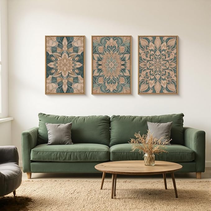 HLNIUC Mandala Boho Framed Canvas Wall Art, Vintage Green Abstract Flower Decor, Scandinavian Botanical Artwork Set of 3(16x24), Southwestern Mexican Bohemian Prints for Living Room, Bedroom, Office