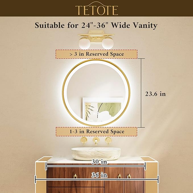 TETOTE Round Led Oil Rubbed Bronze Bathroom Mirror 24 Inch Circle Round Lighted Vanity Mirror with Lights for Bathroom Wall, 3 Color Stepless Dimmable, Anti Fog, Shatterproof, CRI 90+