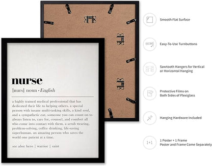 Poster Master Typography Poster - Dictionary Print - Nurse Definition, Amazing Person Who Saves the World, Hero, Saint - Gift for Friend - Wall Decor for Home, Hospital, 11x14 Black Framed