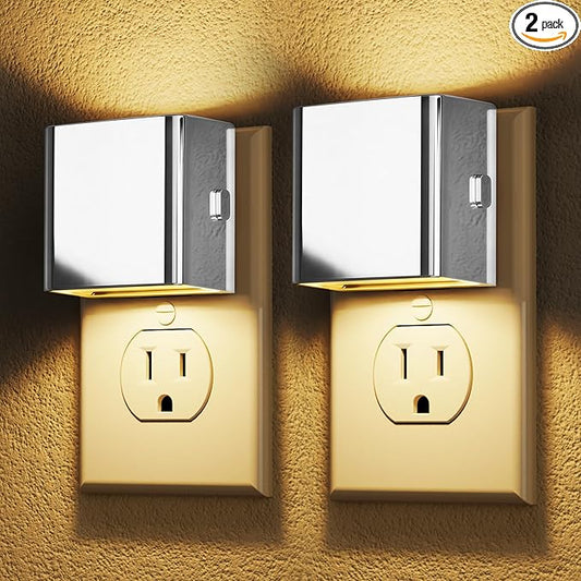 DORESshop LED Night Lights Plug into Wall [2 Pack], Plug in Nightlight, 3 Level Brightness Adjustable Night Light, Dusk to Dawn Sensor, Nightlights for Adults, Bedroom, Bathroom, Hallway, Silver Cover