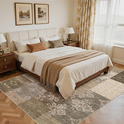 UERMEI 8x10 Area Rug Washable, Brown Modern Geometric Rugs for Living Room, Non-Slip Patchwork Carpet, Stain Resistant Low-Pile Foldable Rug for Bedroom Dining Room - Warm Brown