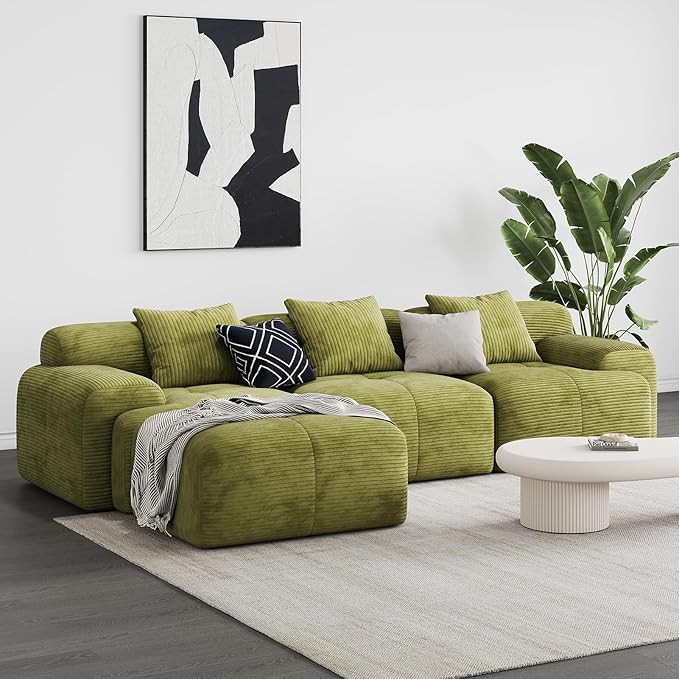 Modern L-Shaped Modular Sectional Sofa for Living Room，Oversized 3-Seater Couch with Deep Seat and Movable Ottoman – No Assembly,Comfortable Suede Fabric Boneless Sofa (Green)