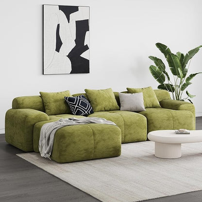 Modern L-Shaped Modular Sectional Sofa for Living Room，Oversized 3-Seater Couch with Deep Seat and Movable Ottoman – No Assembly,Comfortable Suede Fabric Boneless Sofa (Green)