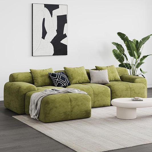 Modern L-Shaped Modular Sectional Sofa for Living Room，Oversized 3-Seater Couch with Deep Seat and Movable Ottoman – No Assembly,Comfortable Suede Fabric Boneless Sofa (Green)