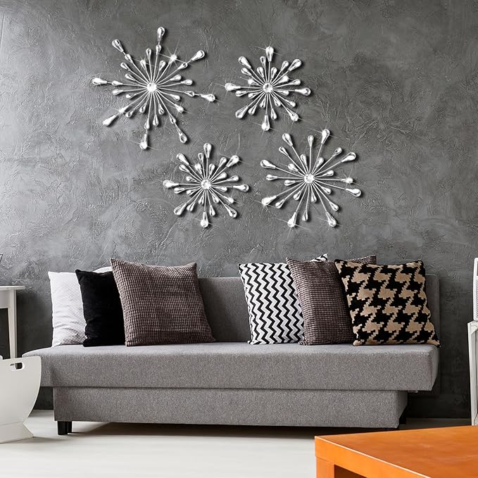 Hicarer 4pcs 3D Silver Metal Starburst Wall Decor Bling Crystal Wall Art Cast Iron Rhinestones Sunburst Decor Jeweled Hanging Glitter Diamond Accents Home Decorative for Living Room Bedroom Entryway