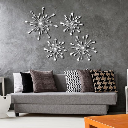 Hicarer 4pcs 3D Silver Metal Starburst Wall Decor Bling Crystal Wall Art Cast Iron Rhinestones Sunburst Decor Jeweled Hanging Glitter Diamond Accents Home Decorative for Living Room Bedroom Entryway