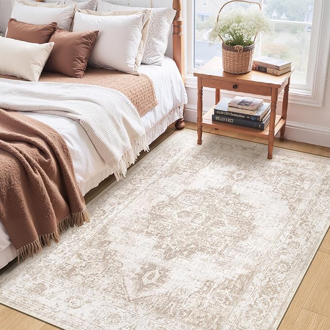 Area Rug 3x5 Vintage Rug: Washable Indoor Medallion Rug Low Pile Distressed Floor Carpet Retro Accent Doormat for Bedroom Bathroom Hallway Kitchen Home Office(Beige, 3'x5')