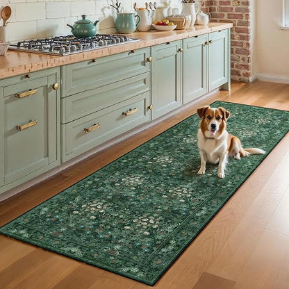 Lunasun Boho Green Long Hallway Runner Rug 2x6 Washable, Farmhouse Floral Botanical Non Skid Kitchen Floor Mat - Vintage Soft Throw Rug for Bathroom, Indoor Entrance, Foyer, Bedroom Bedside, Laundry