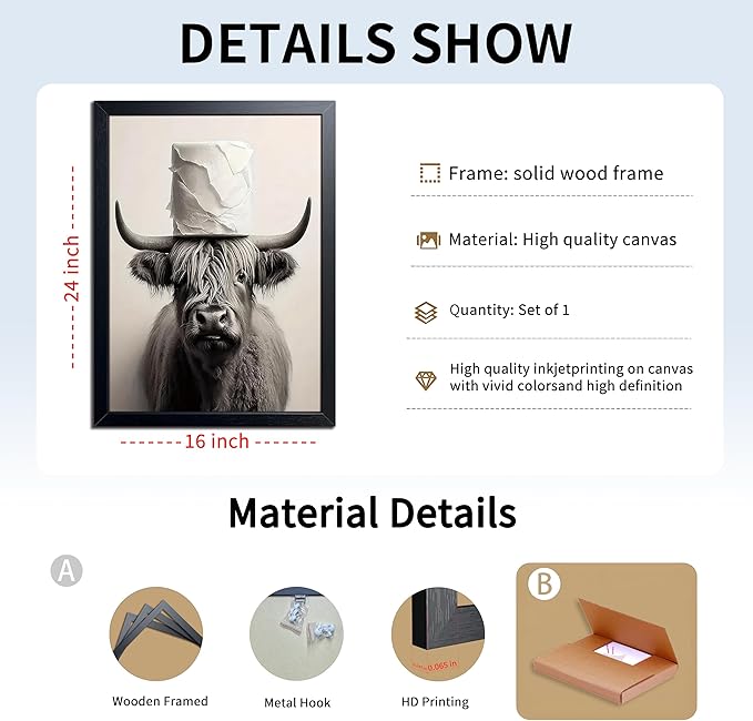 ARKZSHO Black and White Bathroom Wall Art, Funny Highland Cow Canvas Poster Print Picture, Modern Farmhouse Wall Decor Painting, Cute Animal Bathroom Restroom Home Decoration 16x24 Inch Wood Framed