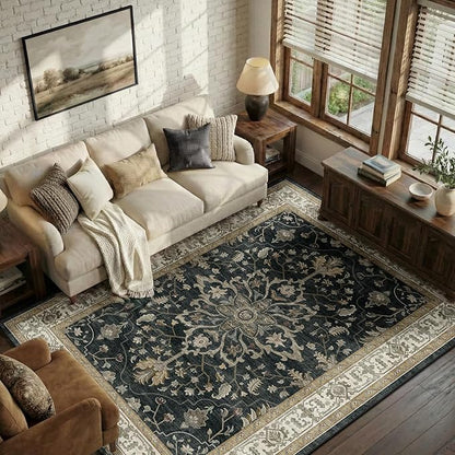 RELEANY Area Rugs 5'x7' Washable Non-Slip, Floral Vintage Distress Print Pattern Medallion Carpet for Living Room Bedroom Dining Room, Vintage Black Brown Neutral
