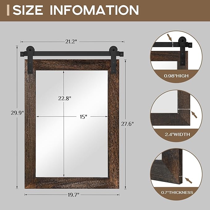 COGOOD Farmhouse Barn Door Mirror - 21" x 30" Rustic Wood Framed Wall Mirror for Bathroom, Living Room, Entryway Wall Decor (Black Brown)