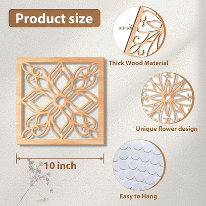 KOYILTD 4 Pieces Thicken Rustic Wall Decor,Flower Carved Wall Art,Wooden Hollow Carved Design(Square, 10in)