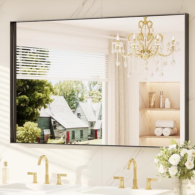 TETOTE 55" x 36" Black Bathroom Mirror, Matte Black Rectangle Framed Vanity Mirror for Bathroom Sink, Tempered Glass, Modern Farmhouse Wall Mirrors for Living Room, Bedroom, Entryway