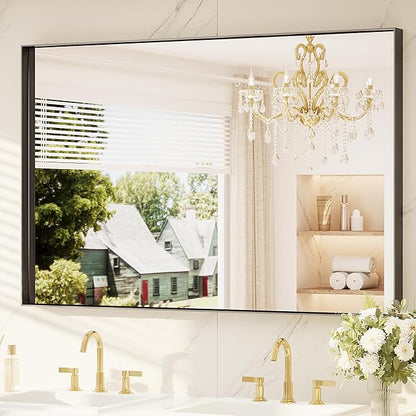 TETOTE 55" x 36" Black Bathroom Mirror, Matte Black Rectangle Framed Vanity Mirror for Bathroom Sink, Tempered Glass, Modern Farmhouse Wall Mirrors for Living Room, Bedroom, Entryway