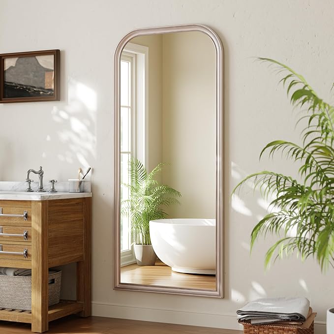 32"×71" Rounded Top Large Full Length Mirror, Arched Vintage Floor Stangding Body Mirror - PU Frame, Wall Mounted Hanging Leaning Antique Decor for Dressing Room, Entryway, Bedroom, Silver