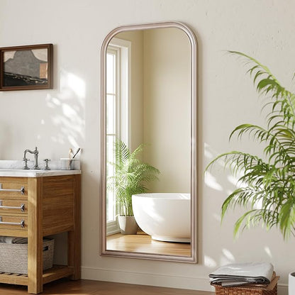 32"×71" Rounded Top Large Full Length Mirror, Arched Vintage Floor Stangding Body Mirror - PU Frame, Wall Mounted Hanging Leaning Antique Decor for Dressing Room, Entryway, Bedroom, Silver