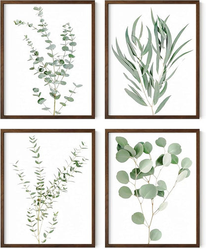 HAUS AND HUES Botanical Plant Wall Art Prints - Set of 4 Decor Floral Kitchen Flower Leaves Boho Leaf Eucalyptus Green Poster (11x14, Walnut Framed)