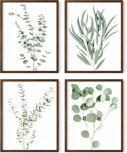 HAUS AND HUES Botanical Plant Wall Art Prints - Set of 4 Decor Floral Kitchen Flower Leaves Boho Leaf Eucalyptus Green Poster (11x14, Walnut Framed)