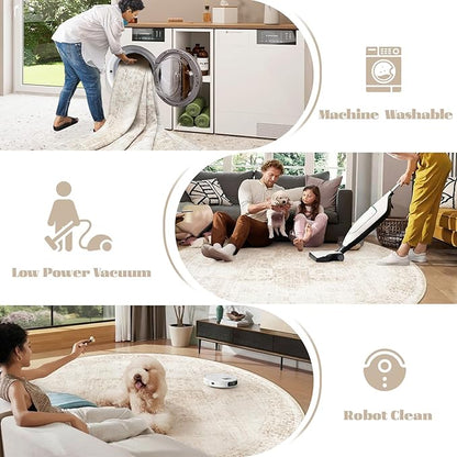 Round Rugs 6ft Washable Rug, Vintage Boho Medallion Rugs Non-Slip Soft Low Pile Circle Distressed Rug Indoor Retro Carpet for Living Room Bedroom Dining Room Home Office (Beige, 6' Round)