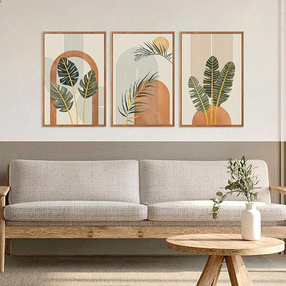 KAIRNE Boho Canvas Wall Art,Abstract Minimalist Room Decor,Tropical Botanical Wall Decor,Mid-Century Geometric Illustrations Set of 3(16”X24”),Botanical Print for Living Room Bedroom Dining Room Decor