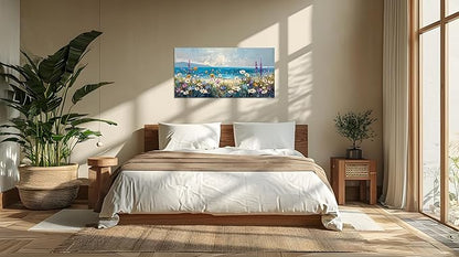 TutuBeer 1 Pcs Boho Beach Coastal Vintage Floral Wall Picture Rustic Wildflower Field Vintage Wall Art Canvas Prints Daisy Flowers Sea Canvas Print Farmhouse Wall Art for Home Wall Decor 8x16inch