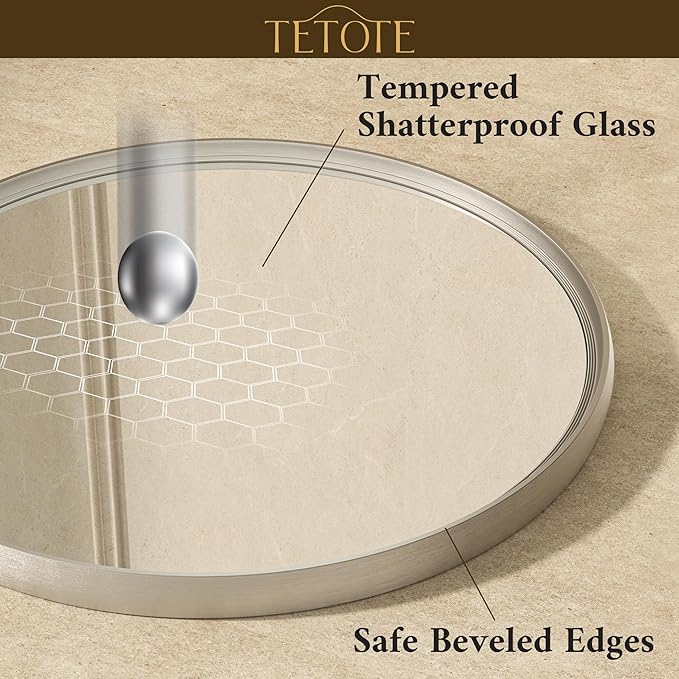 TETOTE Brushed Nickel Mirror 30 inch Round Mirror for Wall, Bathroom, Living Room, Bedroom, Vanity, Entrance