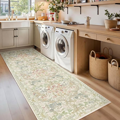 Lunasun Sage Green Washable Bathroom Runner Rug 2x5, Non Slip Runner for Laundry Room, Bathroom Sink Mat - Vintage Pastel Light Green Throw Rug, Ultra Soft Low Pile Stain Resistant