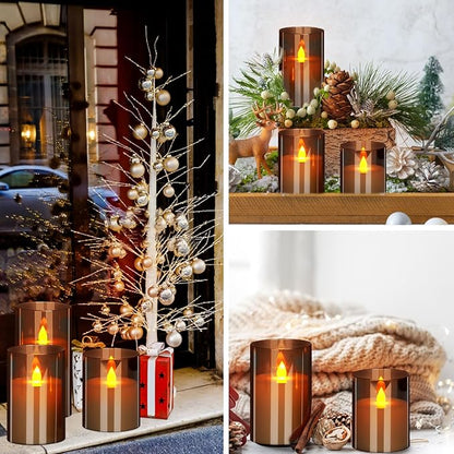 Flameless Candles 4" 5" 6" Acrylic Glass Pillars 3" Diameter Battery Operated Flickering Candles Include Remote with 24Hour Timer Function 400+ Hours by 2 AA Batteries (Gray, Warm Light 6 Pack)