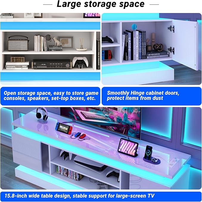 chartustriable 71IN LED TV Stands w/Power Outlet for 85/80/75 Inch TVs,High Glossy Modern Tall Entertainment Center TV Media Console Gaming with 2 Storage Cabinets,Dual LED Lights,White