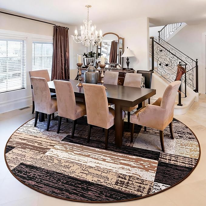FlyDOIT Modern Round Area Rug for Living Room, 5Ft Washable Round Rug Chocolate Geometric Patchwork Circle Rugs for Dining Room Table, Large Circular Floor Carpet for Bedroom Home Office