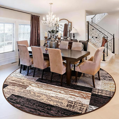 FlyDOIT Modern Round Area Rug for Living Room, 5Ft Washable Round Rug Chocolate Geometric Patchwork Circle Rugs for Dining Room Table, Large Circular Floor Carpet for Bedroom Home Office